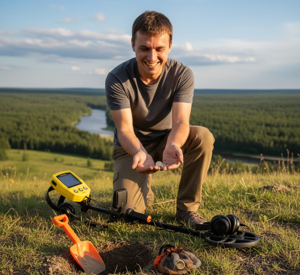 beginner metal detector user finding a coin outdoors