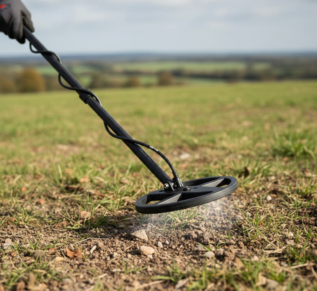 What does the search coil do on a metal detector when scanning the ground for buried metal